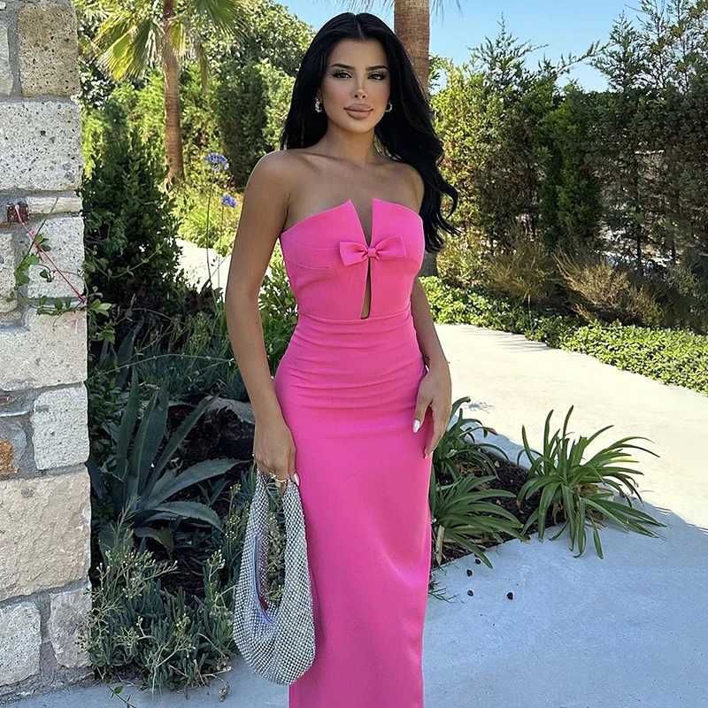 Fashionable and sexy Maxi womens summer elegant strapless sleeveless bow pure thin dress casual streetwear club party dress W250430