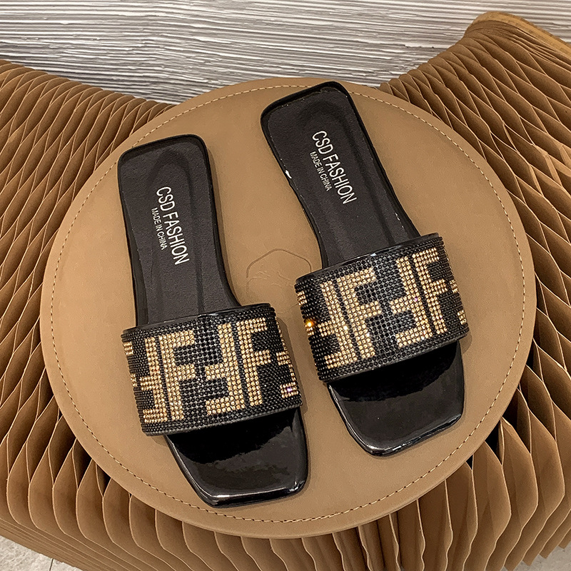 Free shipping designer Women's summer new Amazon large-sized square rhinocruffle lettering slippers Outdoor casual flat slippers