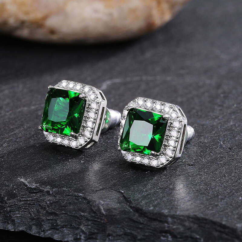 Cao Shi's Exquisite Square Women's With Full Dia And Green Zircon Earstuds Jewelry