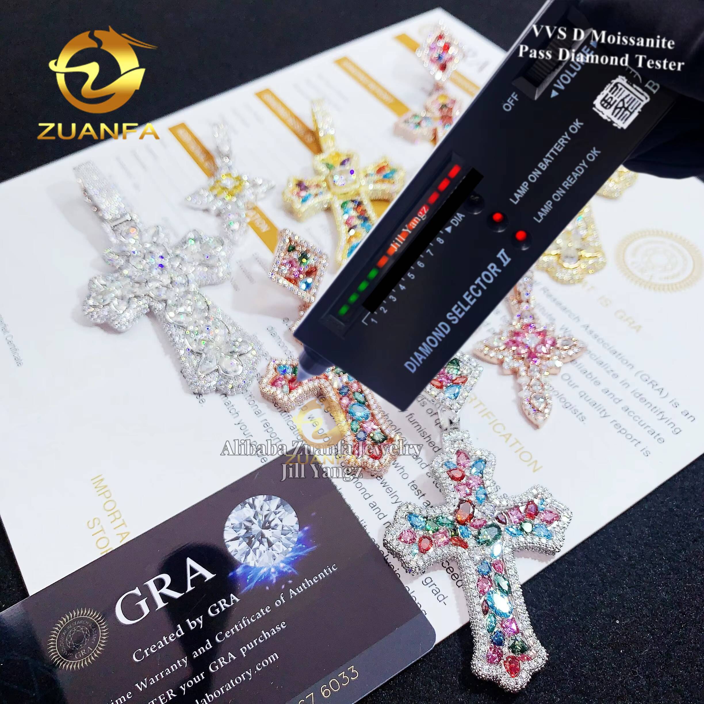 Ready Stocks HOT Selling New Design Color Moissanite Cross Pendant Collection Iced Out Jewelry Custom Moissanite Pendant