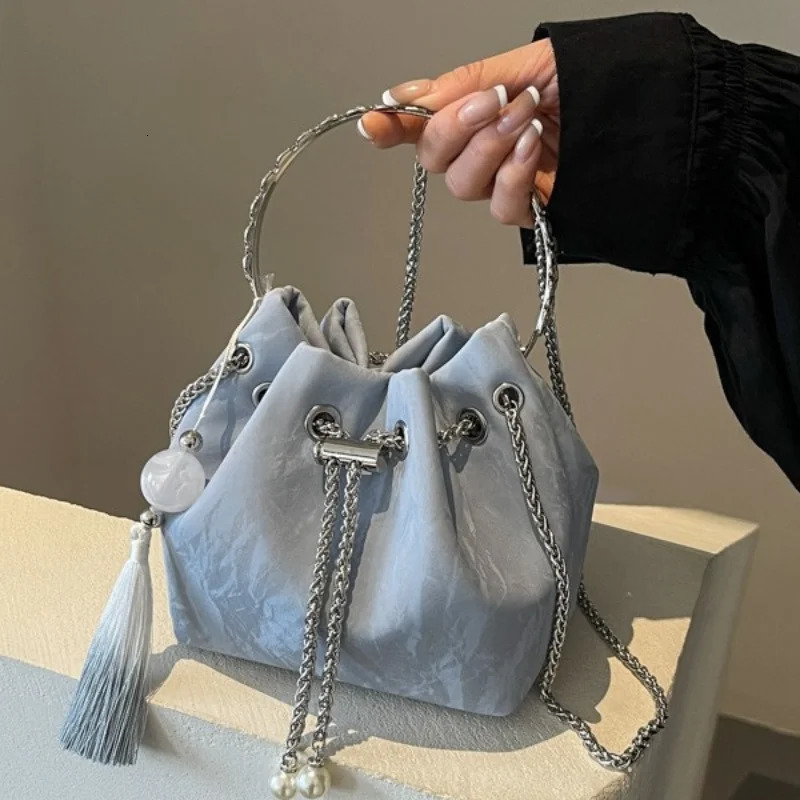 Korean handbag 100 chain shoulder bag cross body bag fashionable womens bucket bag pendant decorative PU material 250427