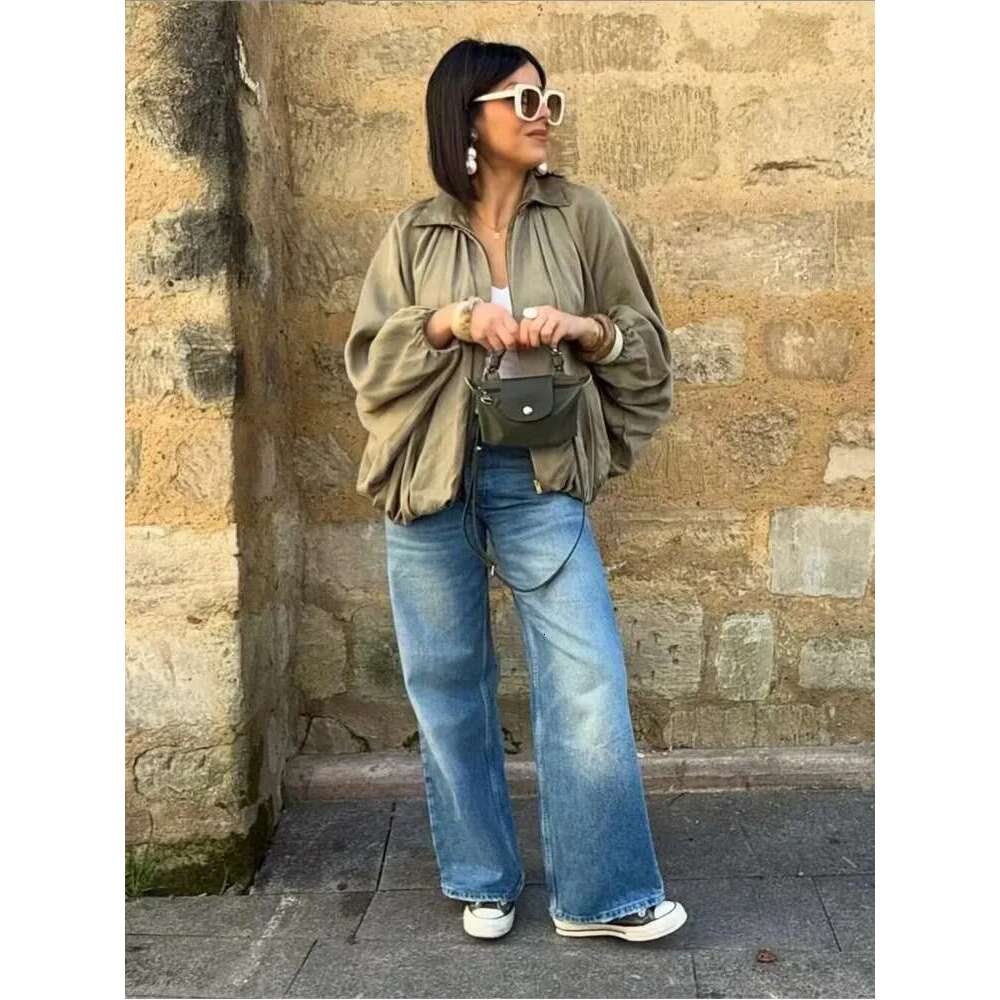 Hipseam Satin Bomber Jacket Women Spring Pleated Zipper Long Sleeve Women's Coat Casual Female Jackets