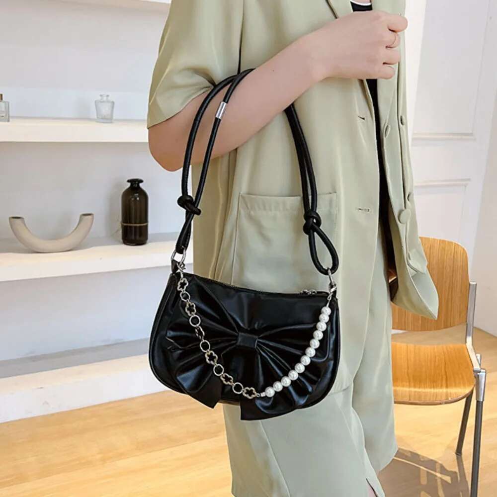Trendy Pearl Bow Shoulder Underarm Daily Commuting Casual Handbag Solid Business Women S Bag Bag