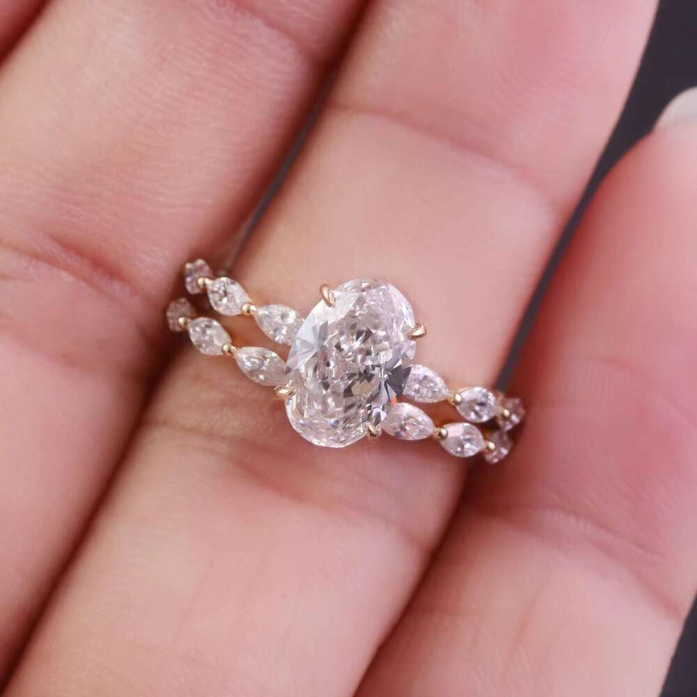 Special oval cutting laboratory semi eternal wedding engagement couple set gold ring