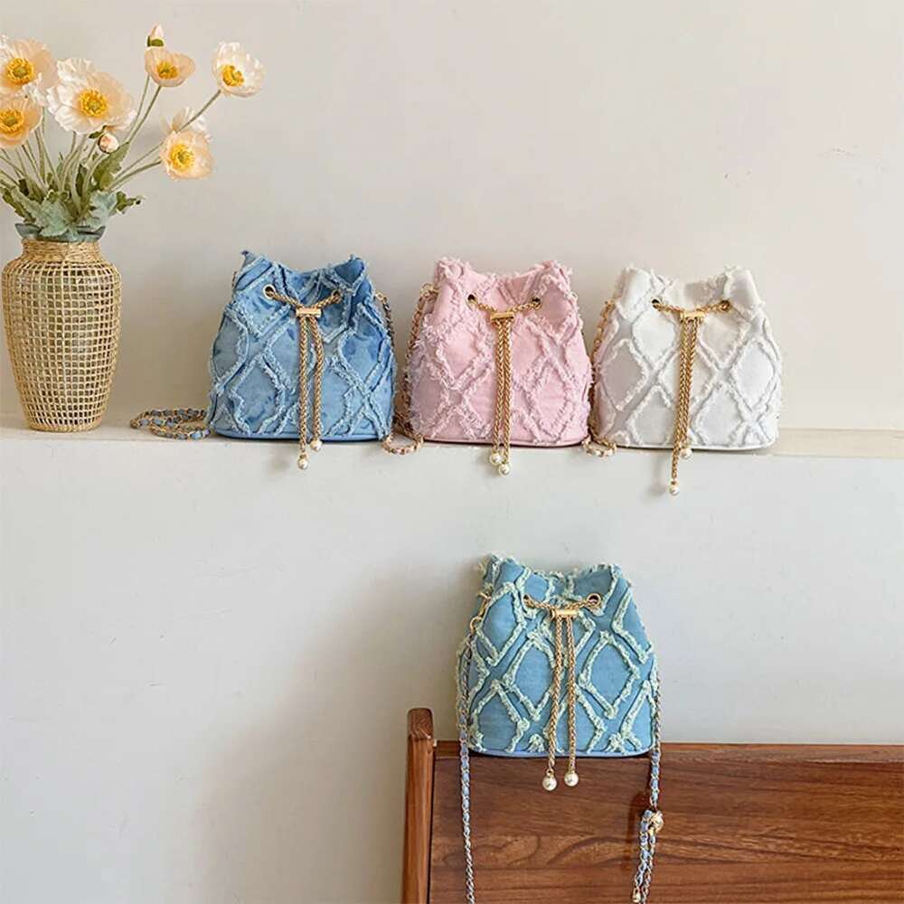 Denim Bucket Dia Pattern Women Shoulder Drawstring Handbag Adjustable Strap Hobo Travel Bag
