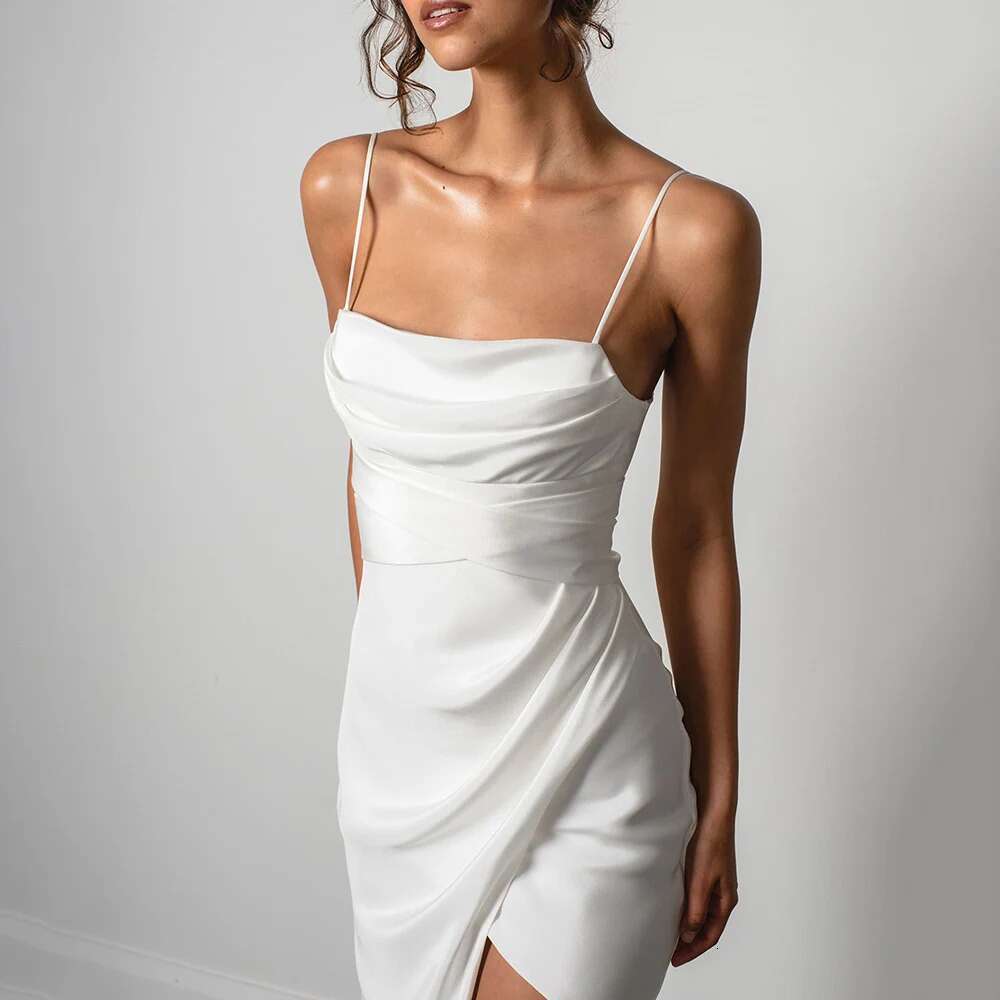 Customized Simple Mermaid White Wedding Dress Spaghetti Straps High Slit Satin Backless Plain Bridal Gown Sweep Train Vestidos