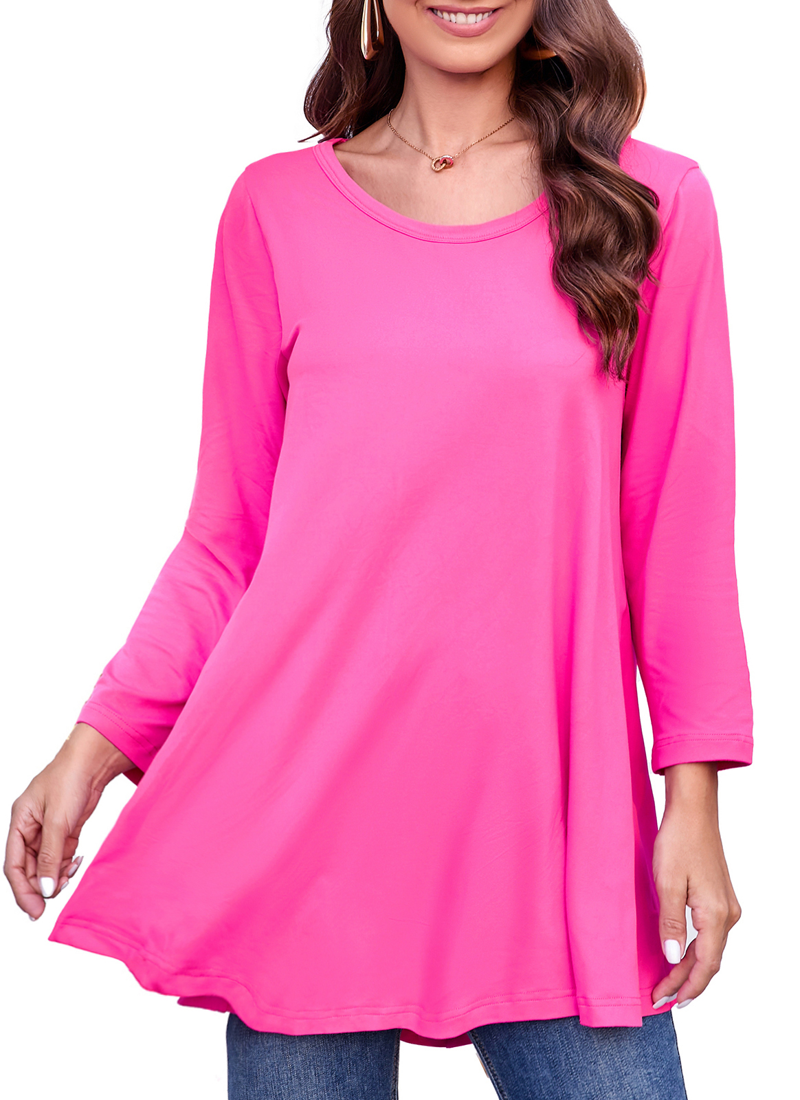 Tunic Tops for Women Plus Size 3/4 Sleeve Crew Neck Swing Flare Loose T-Shirt Blouses to Wear with Leggings Hot Pink Tunic Tops
