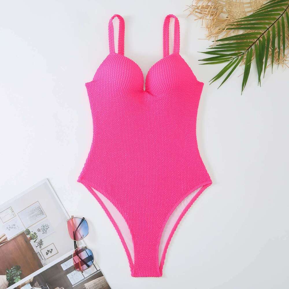 New Russian style popular one-piece European and American fashionable sexy women's small pit stripe solid color hard pack swimsuit, 2025 new casu