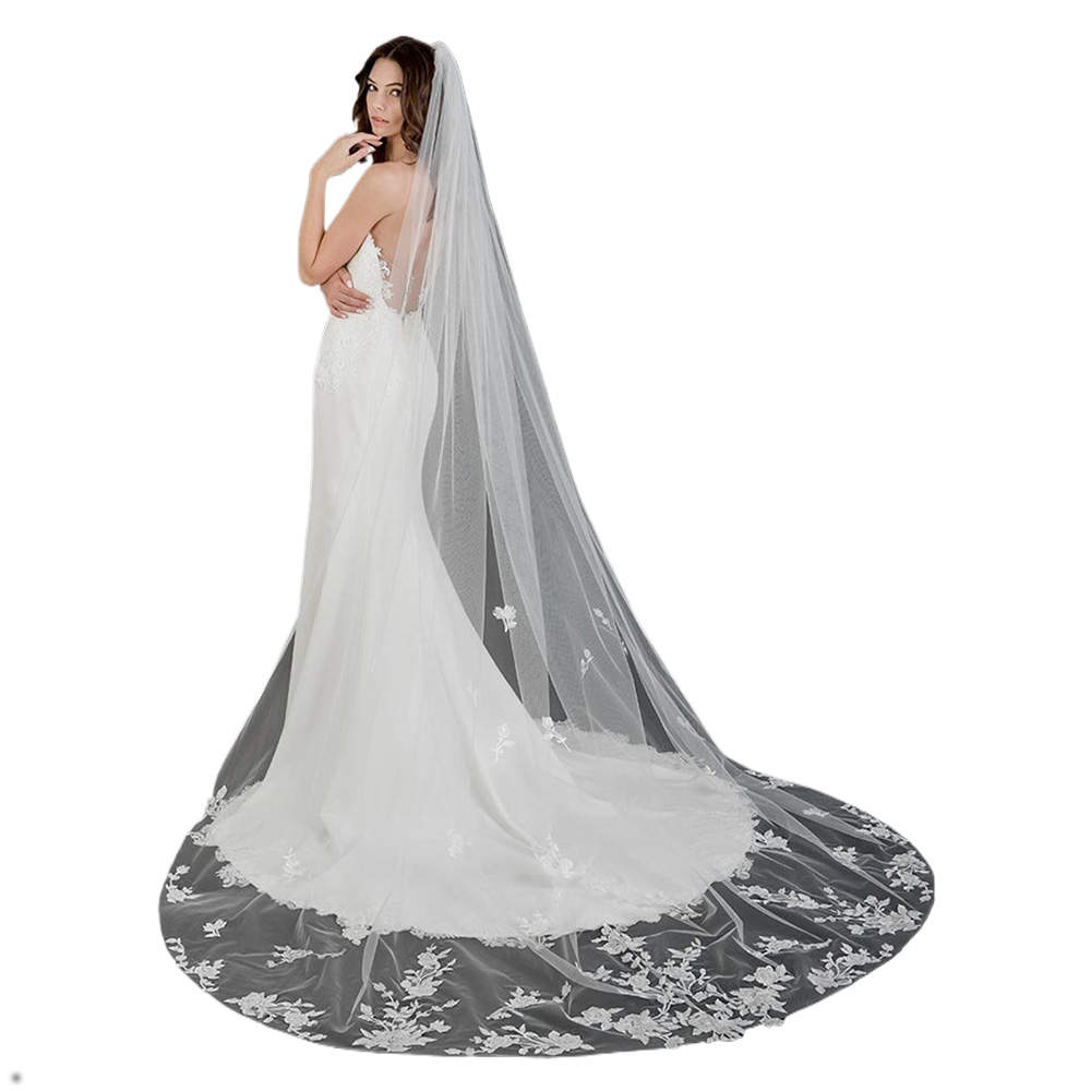 Simple Lace White Ivory Wedding Veil Elegant One Layer Long Chapel Length Veils Applique Edge Customized Bridal Accessories