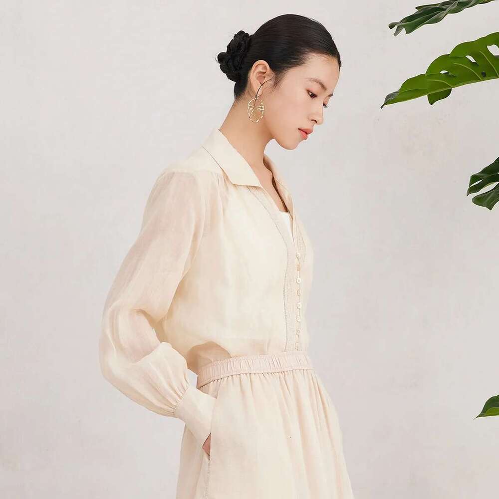 K3089w Women's Clothing 100% Ramie Ladies Sping Summer White Blouse Translucent Breathable And Comfortable