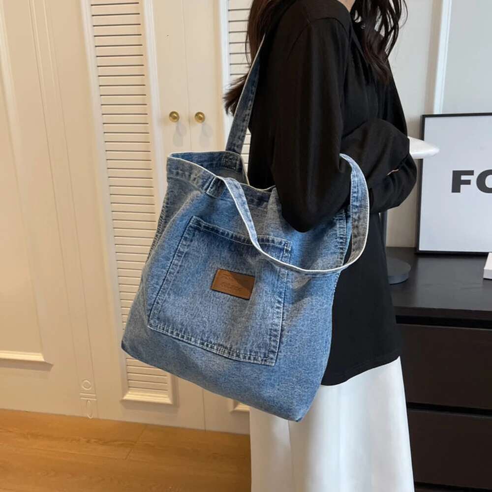 Women Shoulder Large Capacity Denim Tote Solid Color Clutch Simple Female Commuter Handbag Crossbody Bag