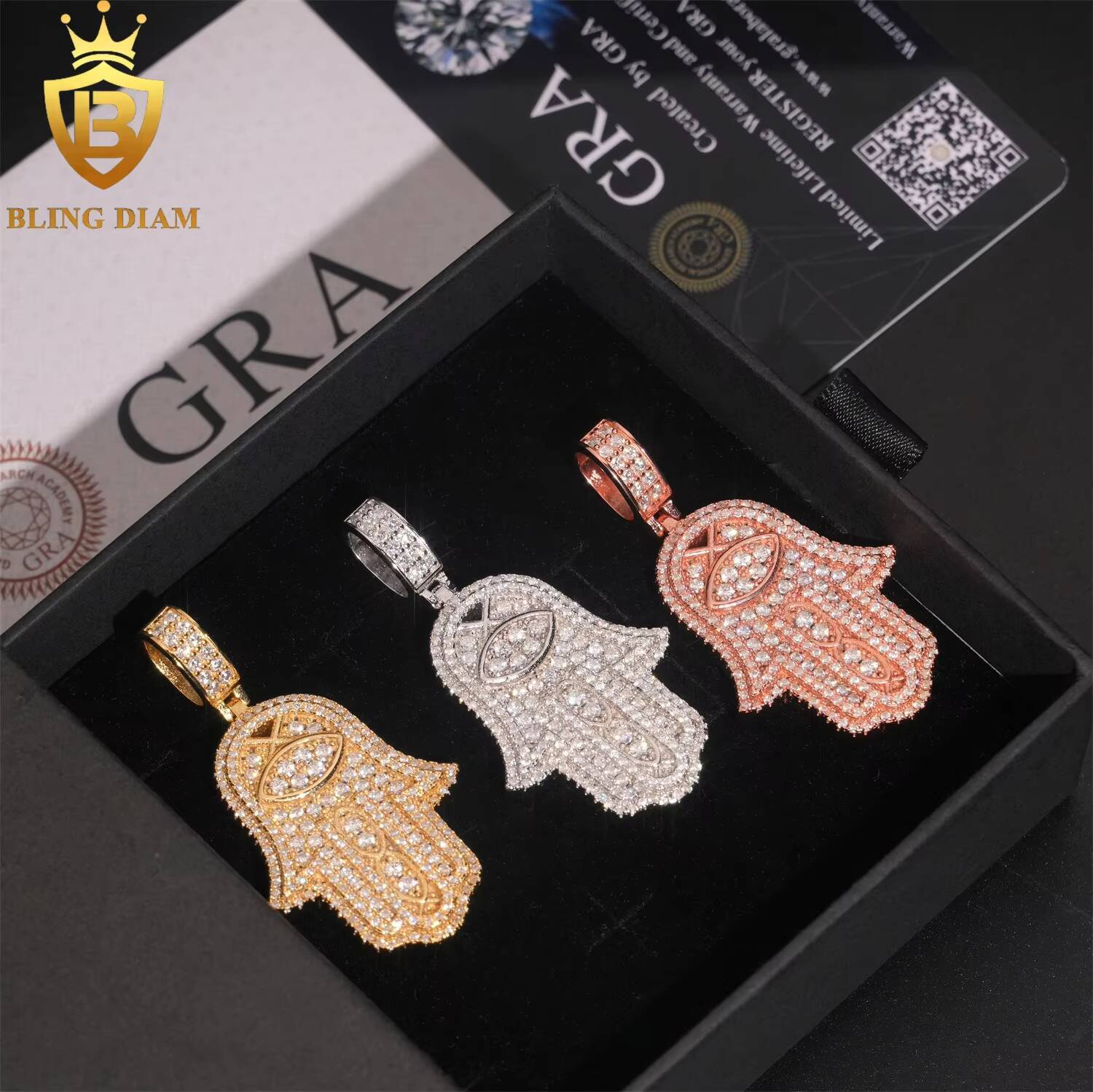 Hamsa Hand Pendant Hip Hop Jewelry Full Diamond VVS Moissanite 925 Silver Charm Pendant Pass Diamond Tester