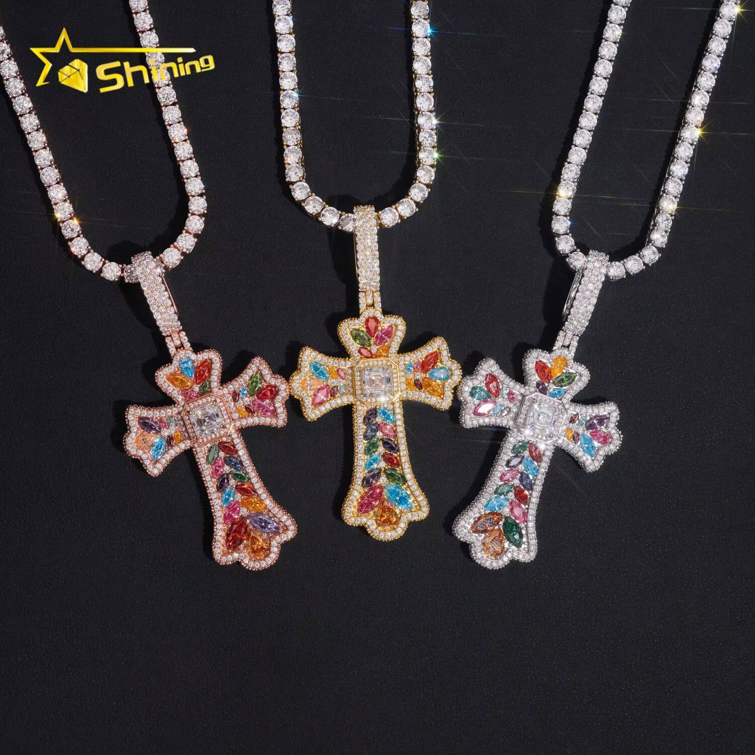 New Arrival Fancy Shape Custom Iced Out Multi Color 925 Silver Cross Diamond Moissanite Pendant