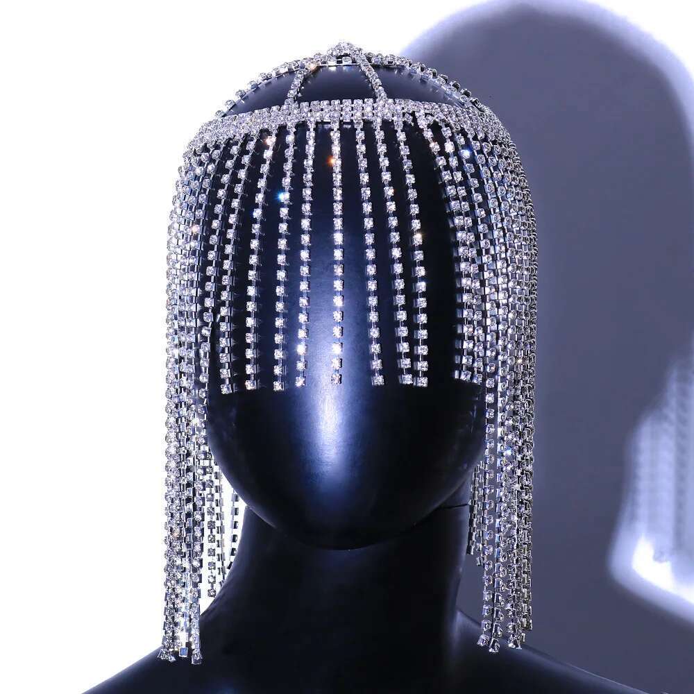 XSBODY Flash Long Tassel Hair Rhinestone Head Chain For Women Nightclub Crystal Headband Hat Bridal Headpiece Jewelry