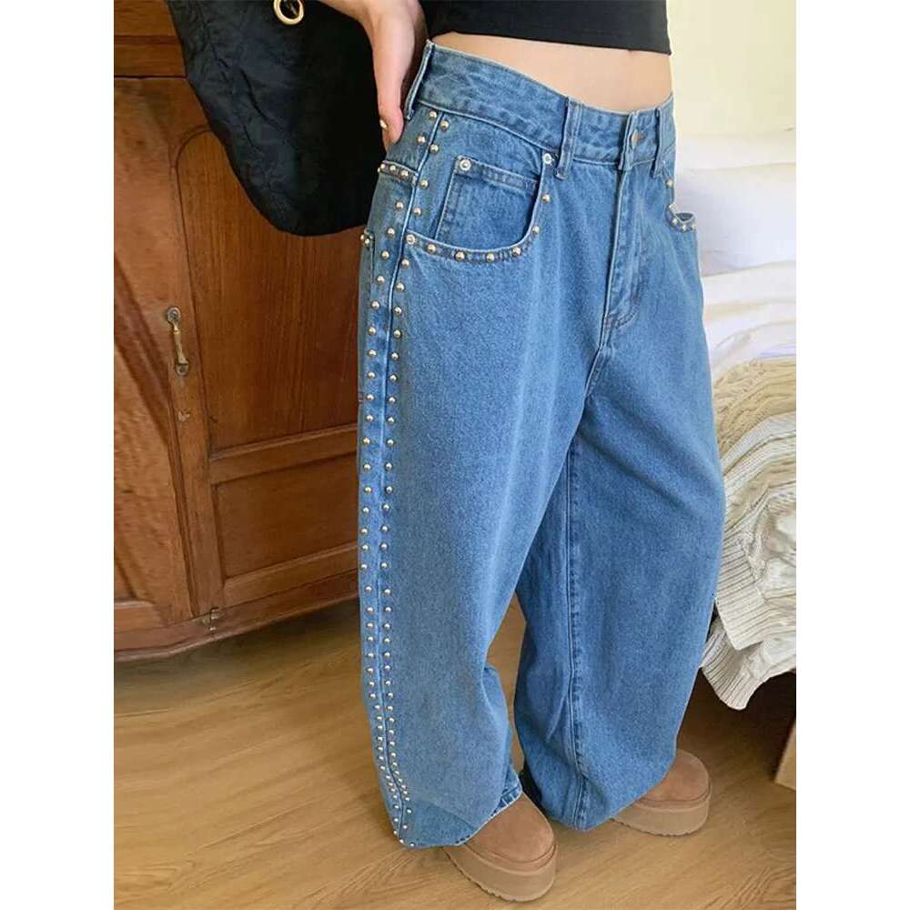 Fashion Woman's Metal Rivet Wide Leg Jeans Trousers Baggy Low Rise Pockets Denim Chic Lady High Street Casual Pants Y2k Stylish