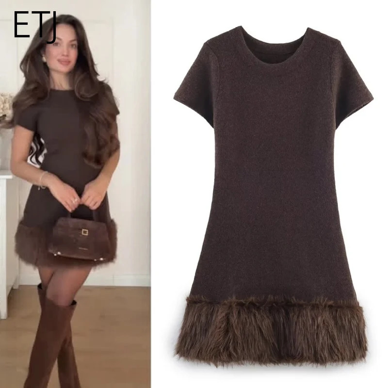 ETJ Womens collection Fashionable Maillard color faux fur patchwork hem round-neck short-sleeved knitted dress 251129