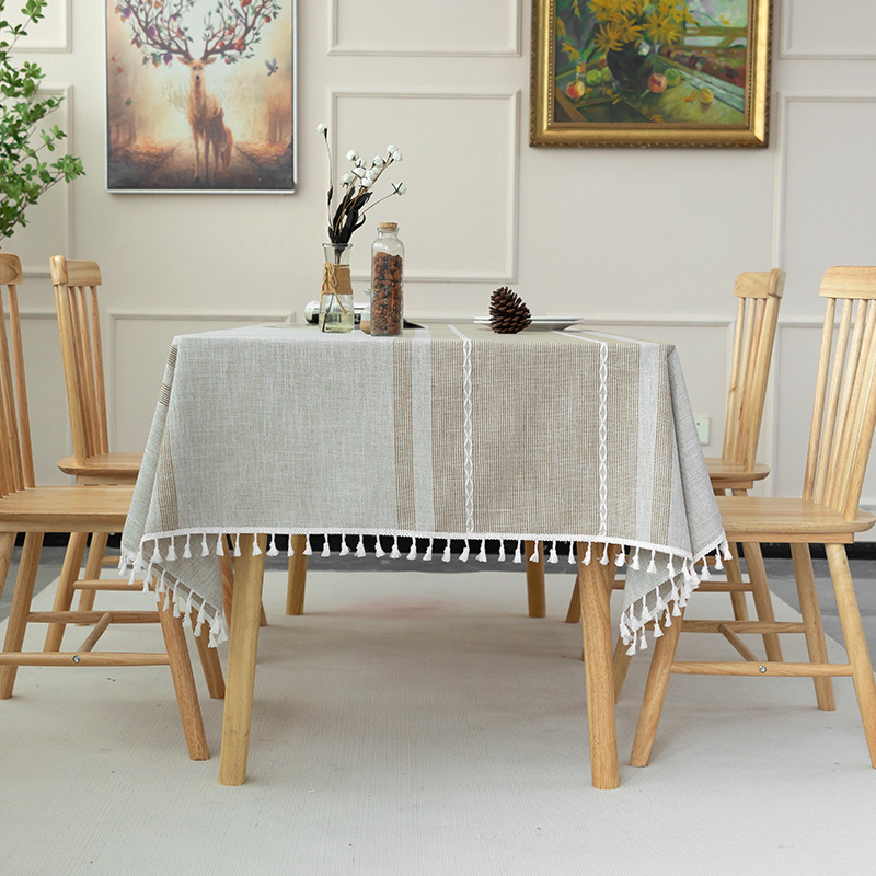 W02 Nordic Christmas tablecloth hollow tassel tablecloth solid color long striped jacquard tablecloth coffee table mat cotton and linen