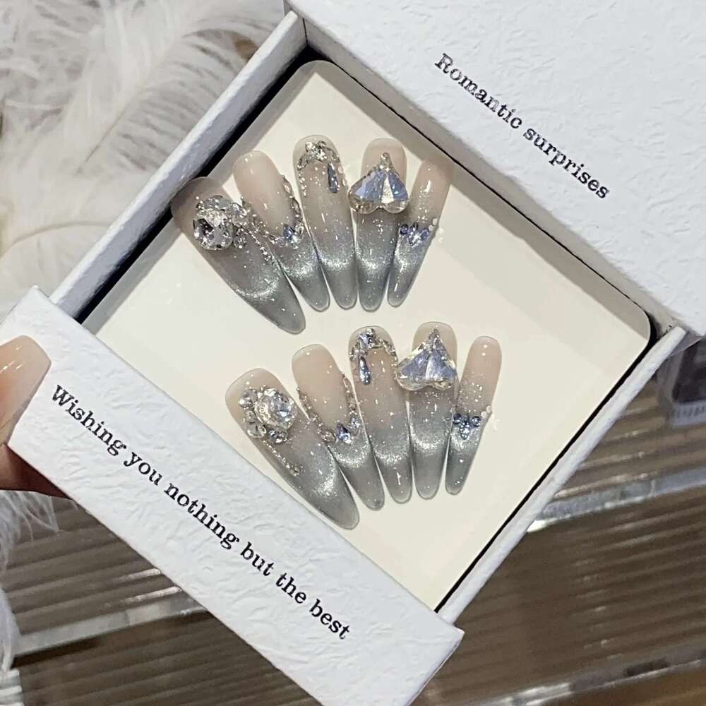 10Pcs French Cat Eye Al Handmade Press False Nail Fake with Rhinestone Design Wearable Stick-on Nails