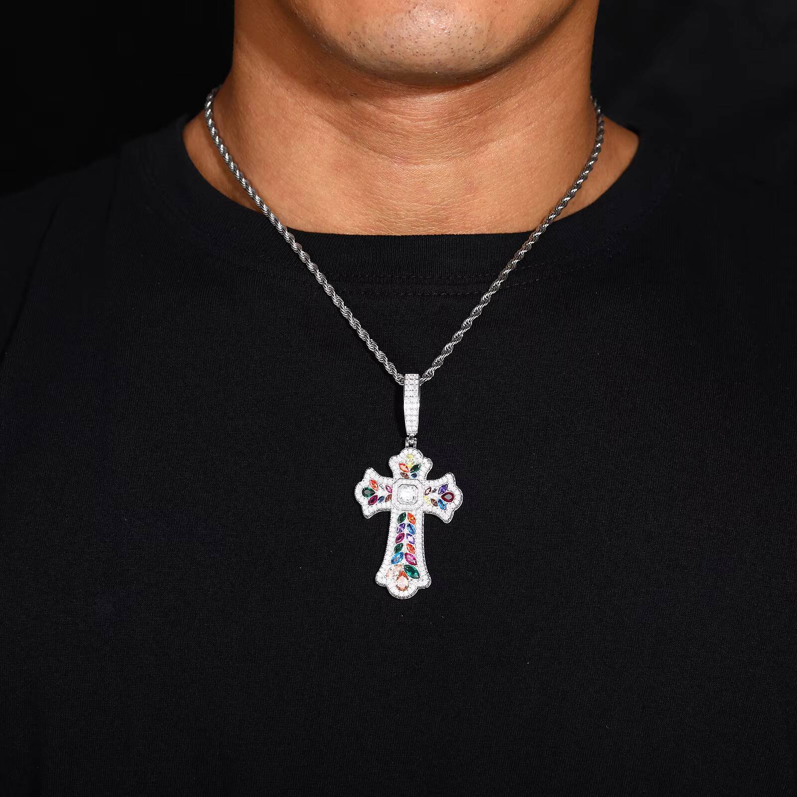 European American Hip-Hop Retro Joker Necklace Gold Plated Wheat Cross Pendant Colored Gemstone Wholesale Jewelry Accessories