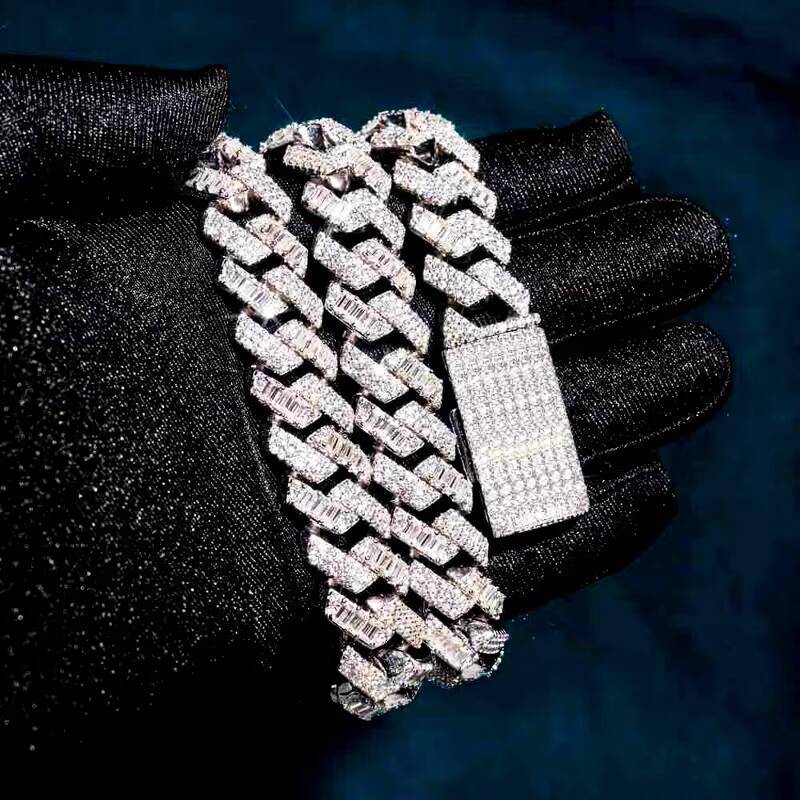 15mm Diamond Tester Pass Hip Hop D Color Baguette Moissanite Mix Cut 925 Sterling Silver Iced Cuban Chain for Men and Women