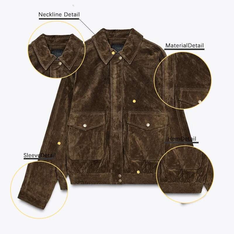 Spring High Street Women's Coat Brown Big Pocket Long Sleeve Zipper Female Coats 2025 Fashion Turndown Collar Loose Lady Outwear