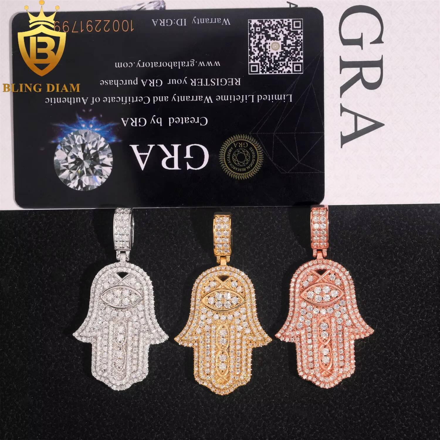 Hamsa Hand Pendant Hip Hop Jewelry Full Diamond VVS Moissanite 925 Silver Charm Pendant Pass Diamond Tester
