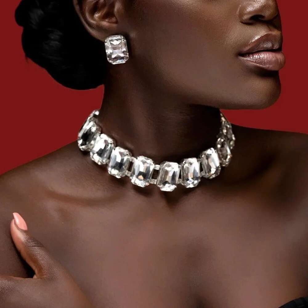 Exaggerated Square Rhinestone Choker Necklace Trend 2023 Large Crystal Stud Earrings Wedding Party Jewelry Set For Women