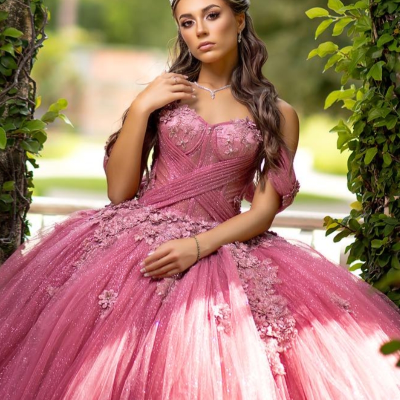 Rose Red Quinceanera Dresses Off Shoulder Ball Gown Sweet 16 Dress Applique Flower Beads Tull Birthday Party Vestidos 15 Anos