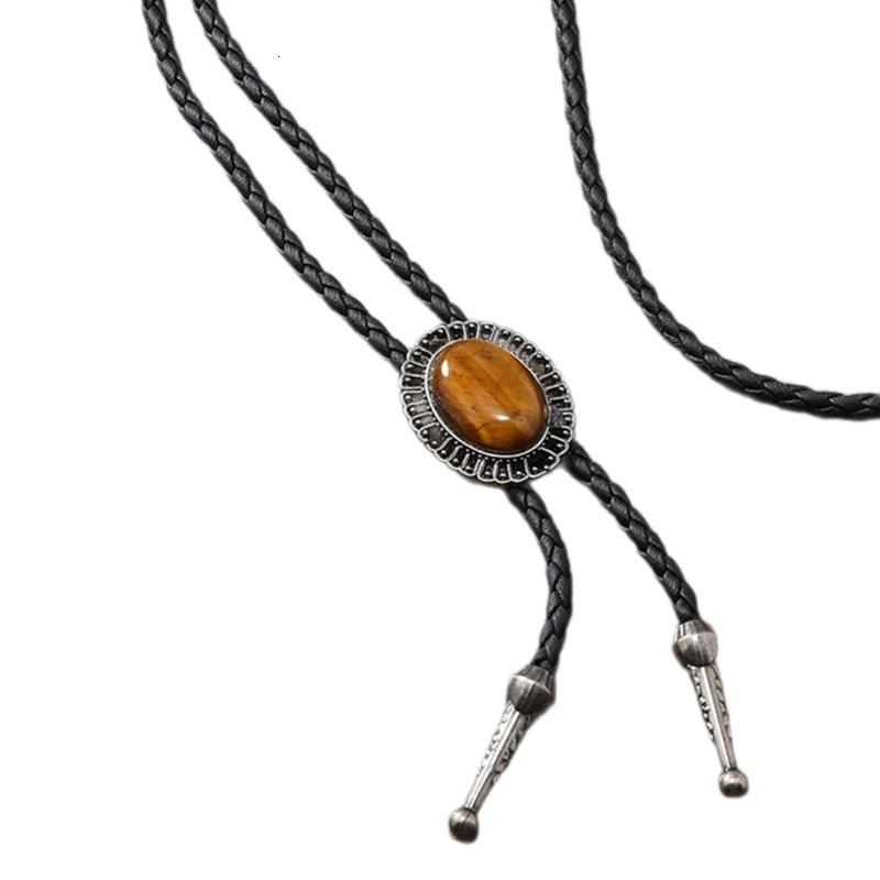 Vintage Gem Stone Cowboy Hat Bolo Tie Western Punk Faux Leather Rope Necktie Jewelry Shirt Chain Necklace for Men Women 250430