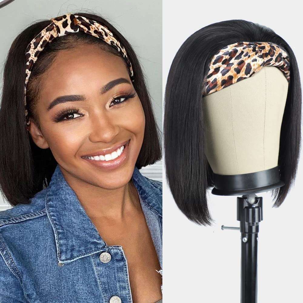 AISI Human Hair Bob Headband for Black Women Easy Put On and Go Glueless Short Straight Wigs hine Made 150% Density No Lace Wig Natural Color(10 Inch)