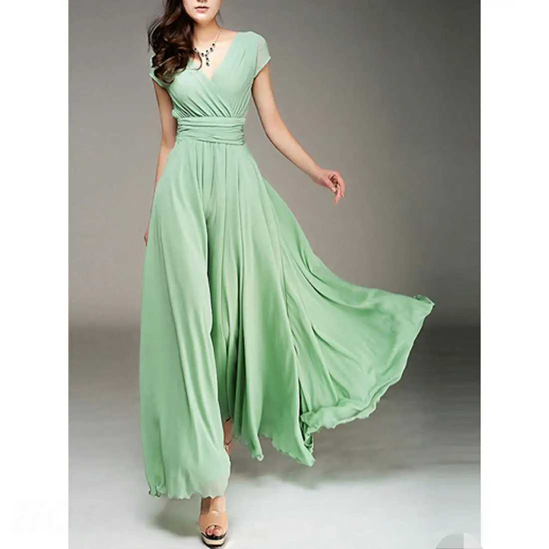 Womens Fashion V-neck Short sleeved Evening Dress Temperature Solid Color Long Cocktail Chiffon High Waist Summer Dress W250430