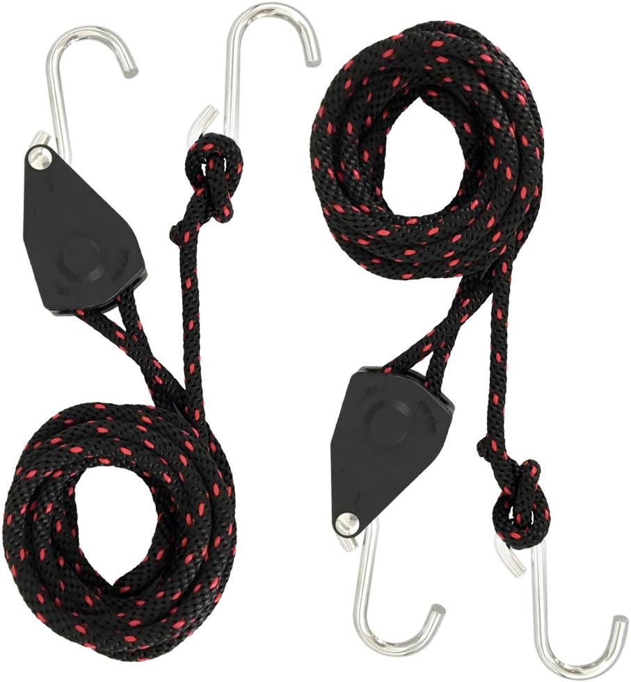 Rope Tie Downs, 1/4 in. X 10 ft. Heavy Duty Rope Lock Adjustable Ratchet Pulley for Kayak Canoe (2-Pack)