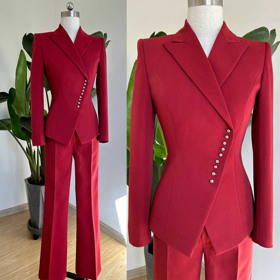 Bright Red Women Pants Suits 2 Pieces Slim Fit V Neck Ladies Wear Blazer Prom Birthday Party Customized Jacket Sets