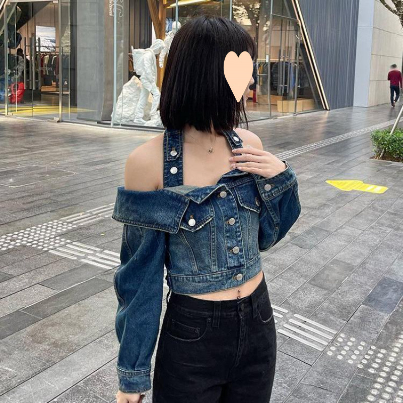 Halter Slash Neck Off Shoulder Denim Jackets Autumn Grunge All Match Ins Y2k Chaqueta Streetwear Trendy Women Jeans Cropped Coat 240807