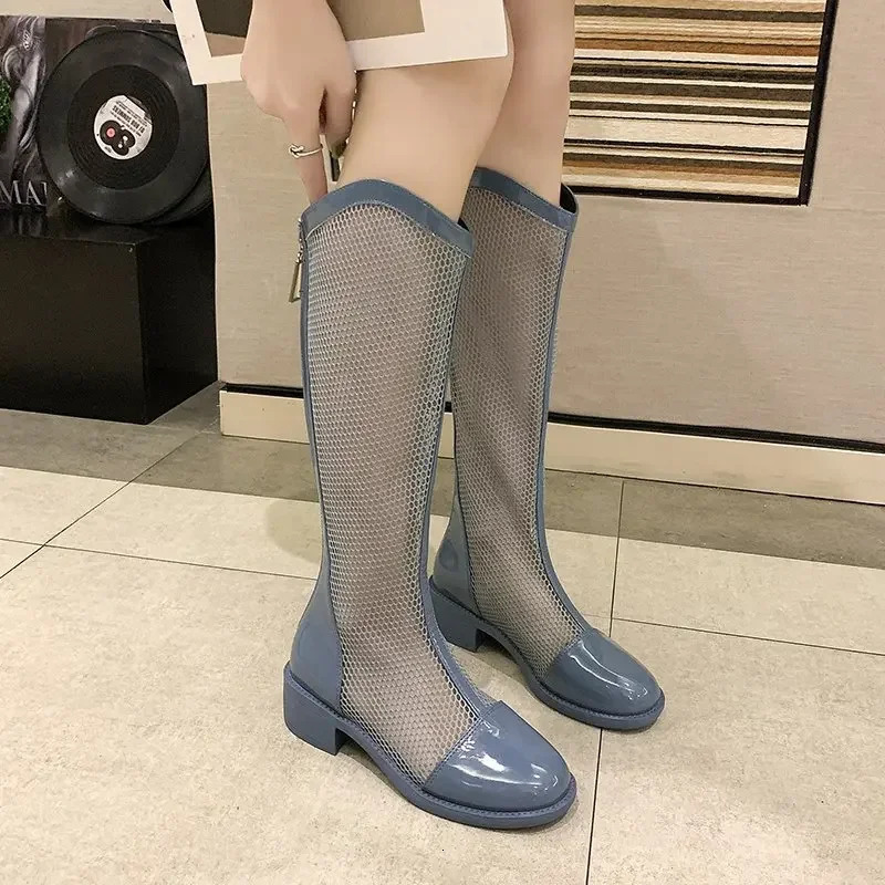 High Boots for Women Fashion Platform Martern Boot Hollow Long Boots Woman Sring Autumn Mesh Sexy Knee-length Boots 250428