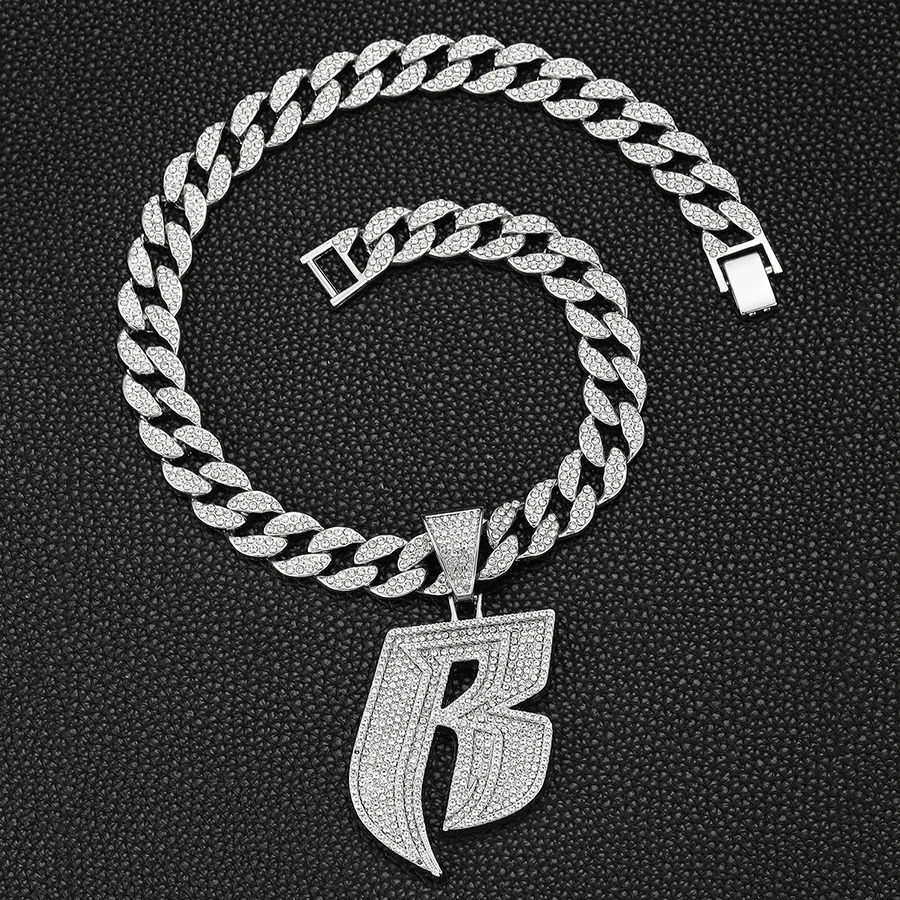 15MM Iced out miami chain with Alloy and bling rhinestone punk B letter pendant necklace 250428