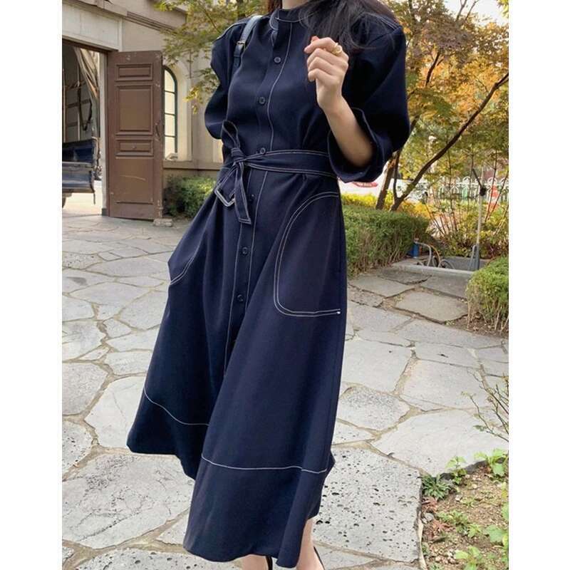 REALEFT Spring Autumn Single Breasted Women's Shirt Dresses Sashes 2024 New Stand Collar Korean Casual Straight Dress Female