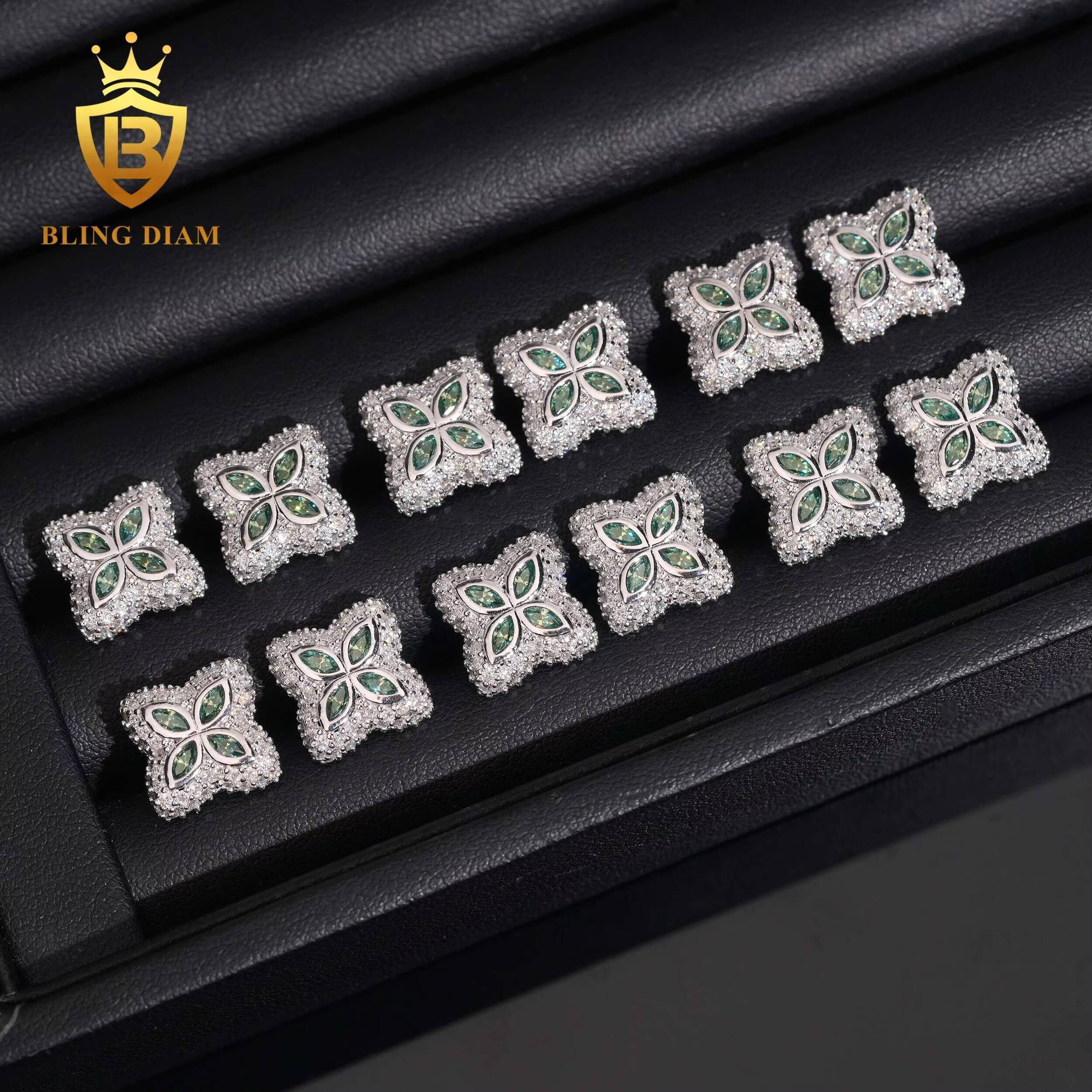 Hot Sale Fashion HipHop Olive Green Moissanite Four-Leaf Clover-Shaped Earring 15mm Diamond Earrings 925 Sterling Silver Earring