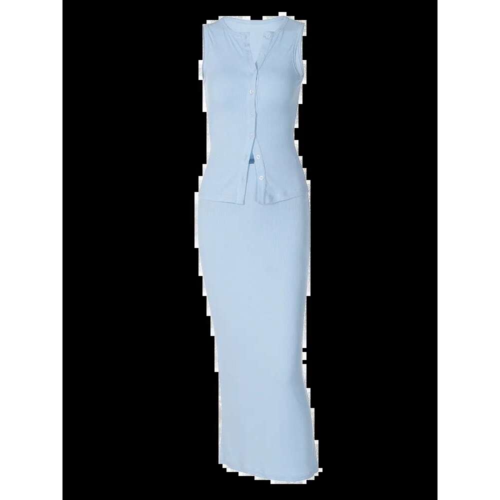 Dulzura Matching Suit Sleeveless Ribbed Single-Breasted Top Shirt Maxi Skirt 2024 Spring Summer Women's Clothing Sexy Streetwear