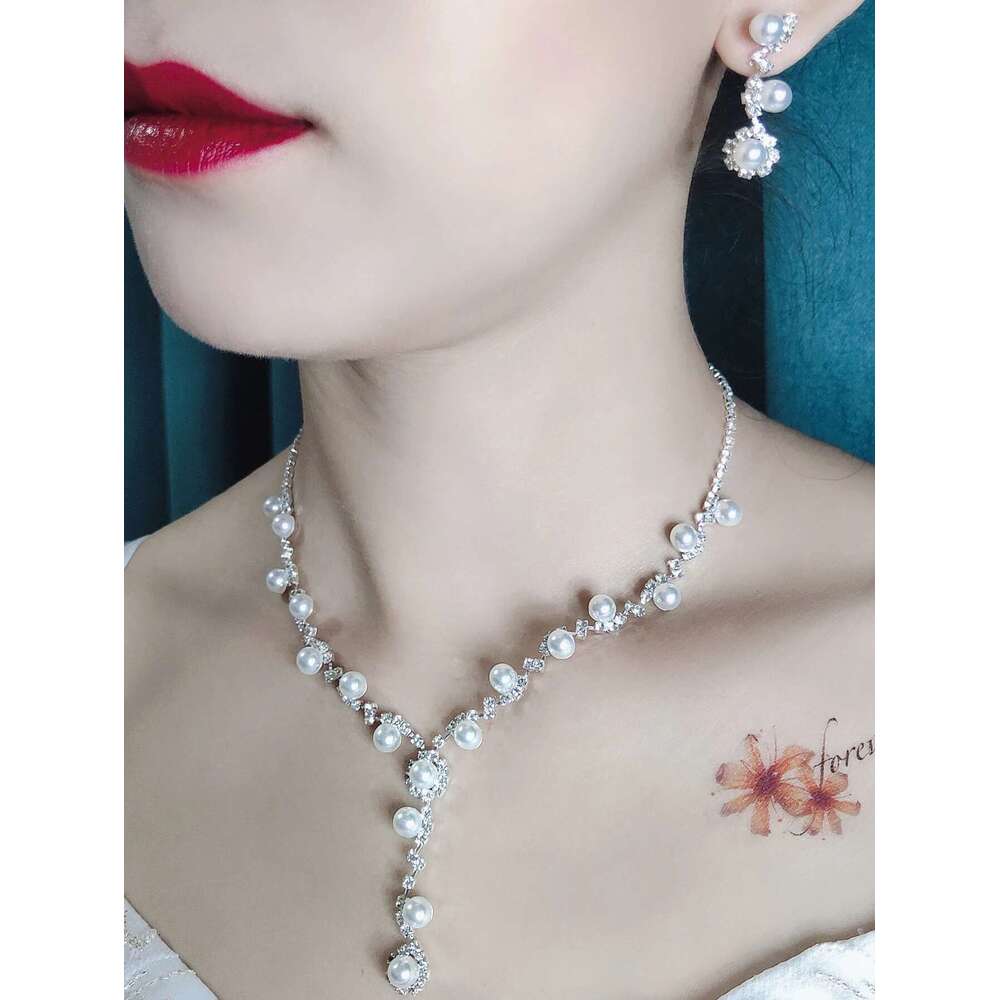 4 Pcs Bridal Jewelry Set, Rhinestone Pearl Necklace, Earrings, Bracelets, Dinner Dress Accessories