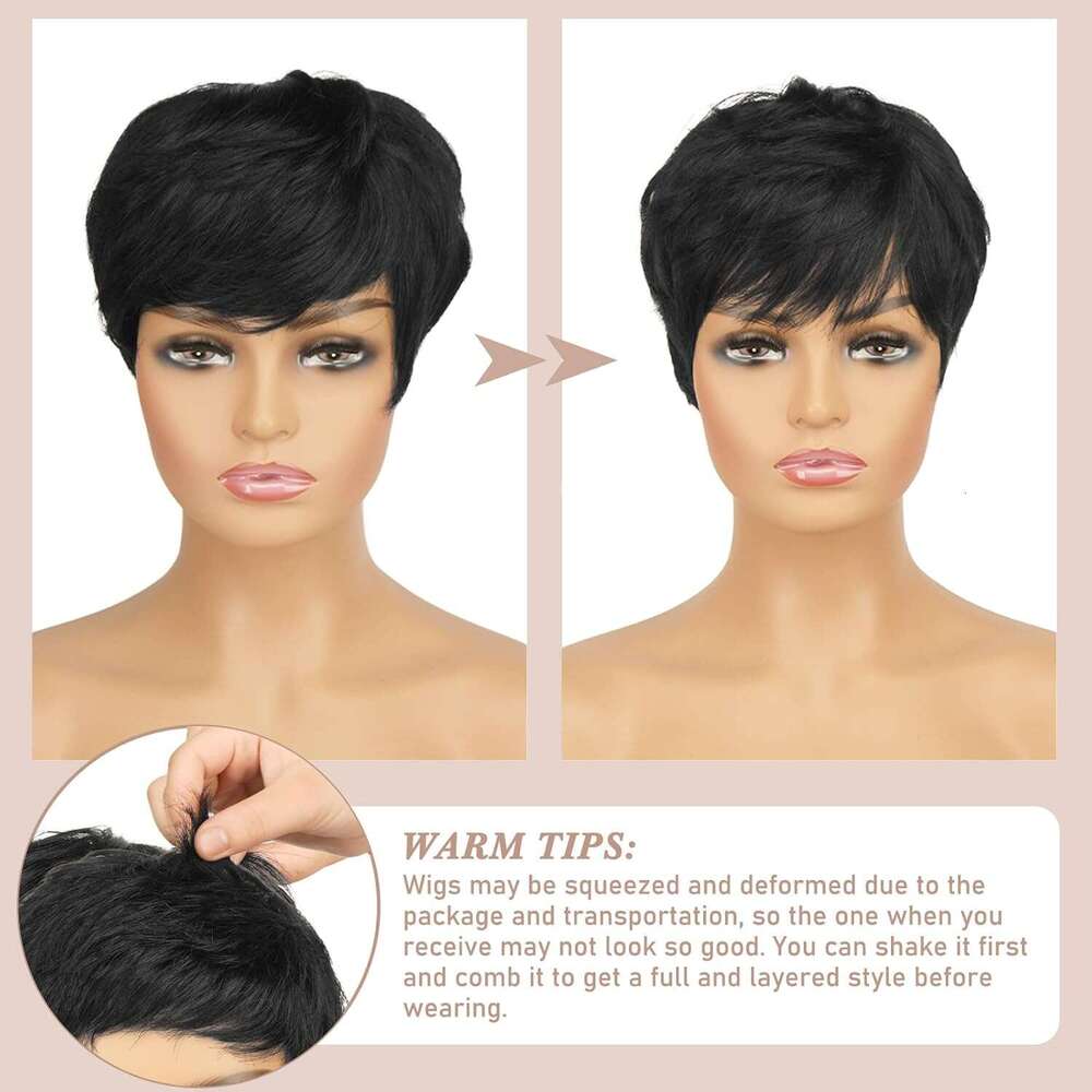 RUWISS Cut Human Hair Pixie with Bangs Natural Wig Layered Wavy Different Style Short Wigs for Black Women (1B#)