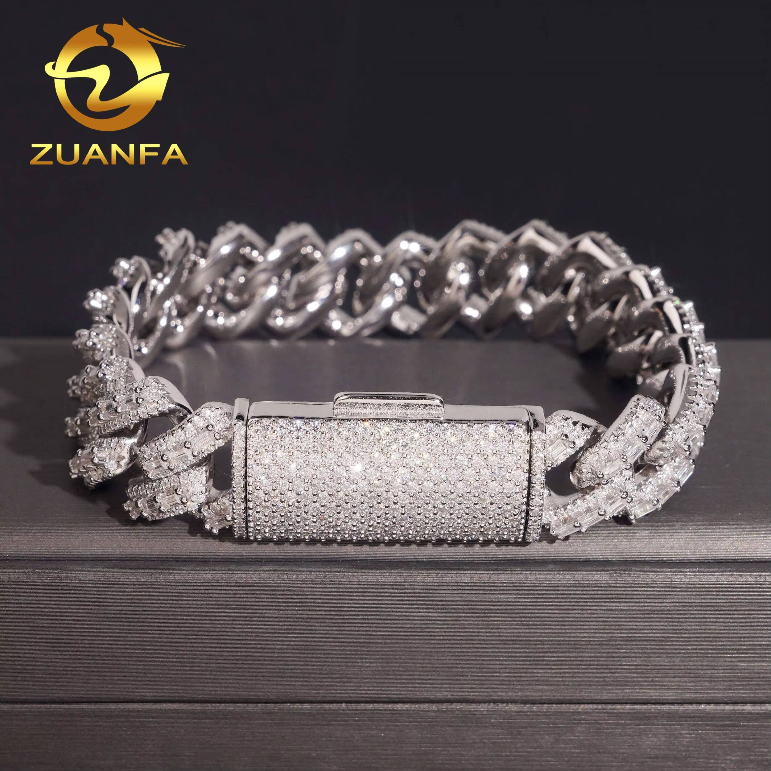 Luxury Top Quality 925 Sterling Silver Hip Hop 16mm Baguette Men Rose Gold Moissanite Cuban Link Bracelet