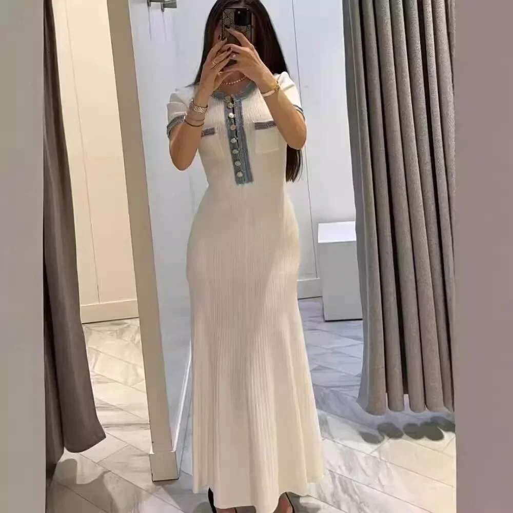 2024 Autumn/Winter New Elegant Short Sleeve V-Neck Knit French Style Medium Long Dress For Women