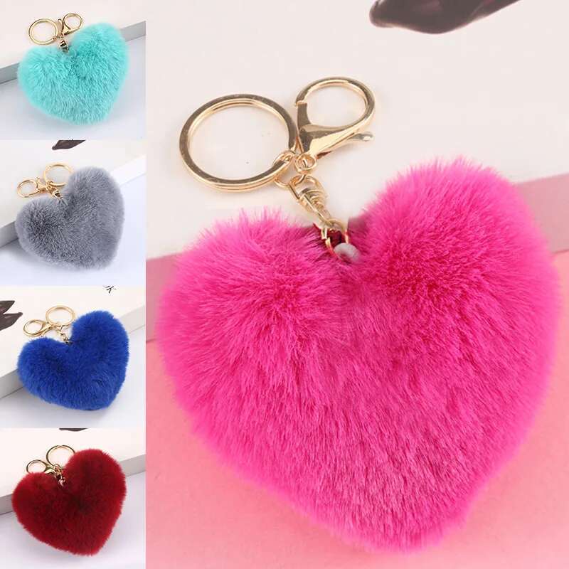 Large Heart Pompom Key Chain For Women Rainbow Plush Ball Keychain Car Bag Pendant Fashion Jewelry Fluffy Love Pompons Keyring
