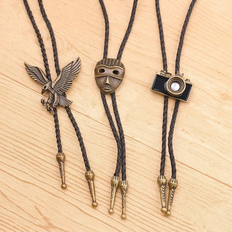 Fashion Bolo Tie Hand-knitted Leather Rope Long Sweater Chain Retro Camera Eagle Mask Necklace Wholesale Bow Tie 250430