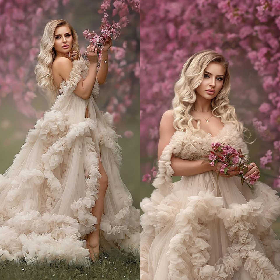 Graceful Sleepwear Robes Ruffles With Strapless Side Deep High Split Plus Size Pregancy Women Gowns for Special Occasion Photoshoot Customized