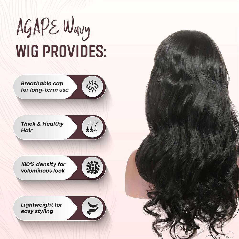 Agape 13x5 Body Wave HD Lace Front Wig 100% Human Hair for Women, 180% Density, Pre-Plucked with Baby Hair, Glueless Transparent Swiss Lace, No Synthe