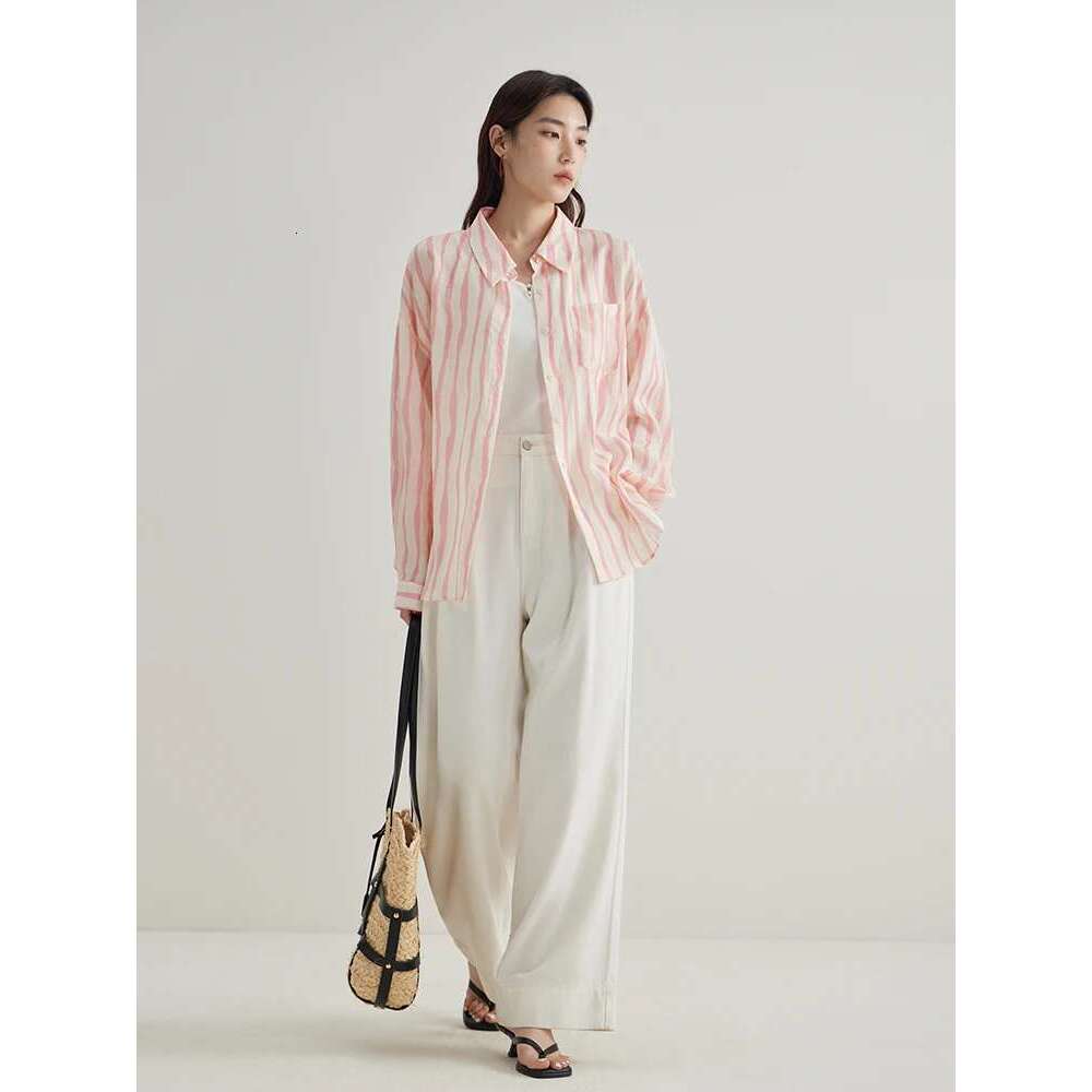 DUSHU Summer Thin Long Stripe Green Blouse Drop Sleeve Straight Pink Srtipe Lyocell 54.5% Ramie 45.5% Shirts 24Ds82685