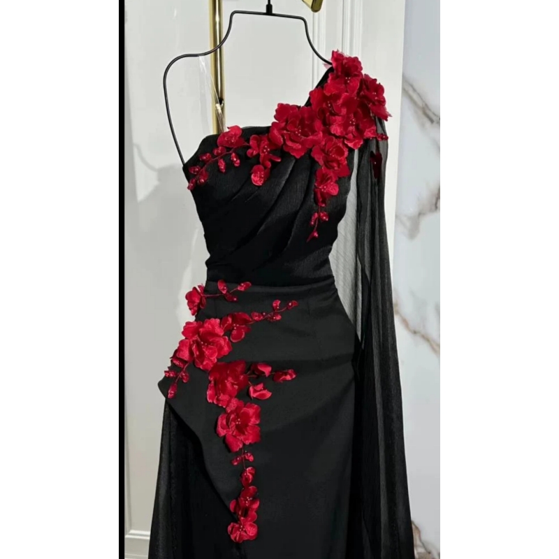Elegant One Shoulder Black Prom Dresses With Red Flowers Appliques Arabic Dubai Chic Evening Gowns Long Special Occasion Dress