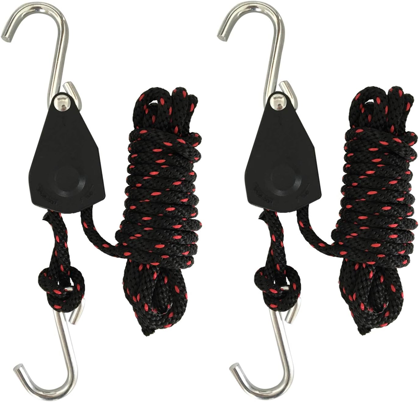 Rope Tie Downs, 1/4 in. X 10 ft. Heavy Duty Rope Lock Adjustable Ratchet Pulley for Kayak Canoe (2-Pack)